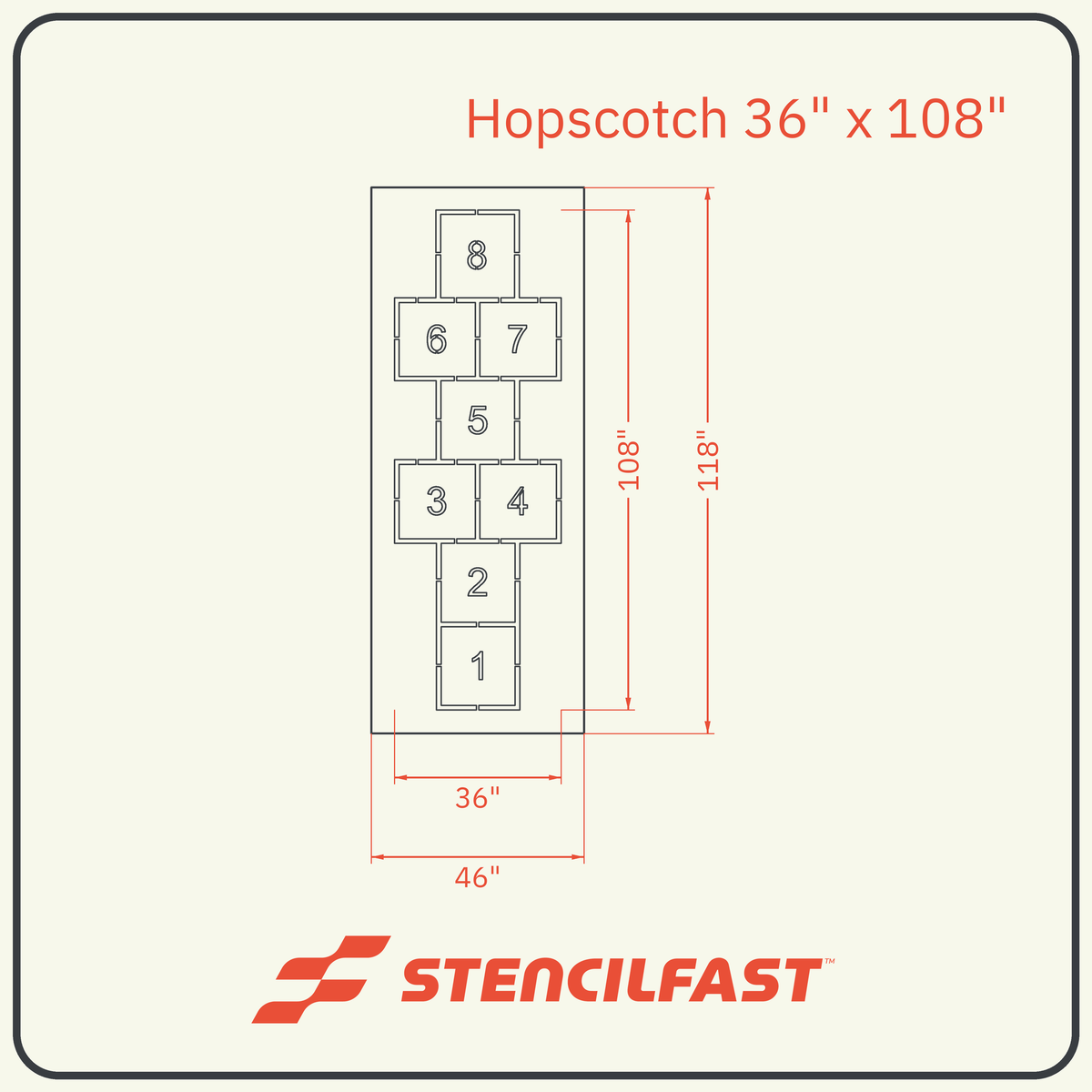 Dimensioned drawing of the 36" x 108" hopscotch stencil on a 46" x 118" material sheet