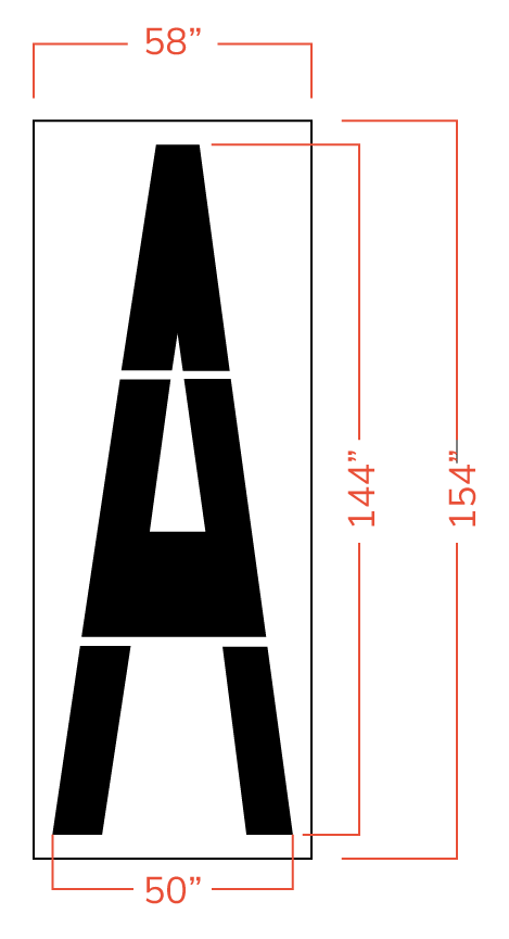 Dimensioned drawing of a 144 inch airport runway marking stencil letter A on a 58 x 154 inch sheet