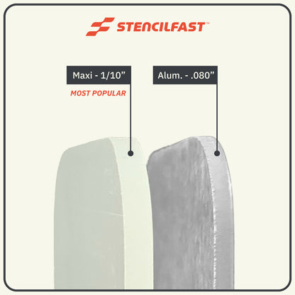 StencilFast material thickness comparison: Maxi 1/10 inch, the most popular option, next to aluminum .080 inch.