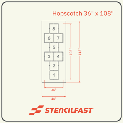 Dimensioned drawing of the 36" x 108" hopscotch stencil on a 46" x 118" material sheet